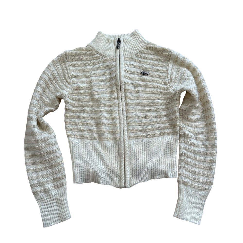 Guess Kids Girls Cream Gold Metallic Striped Full Zip Mock Neck Sweater M 8/10